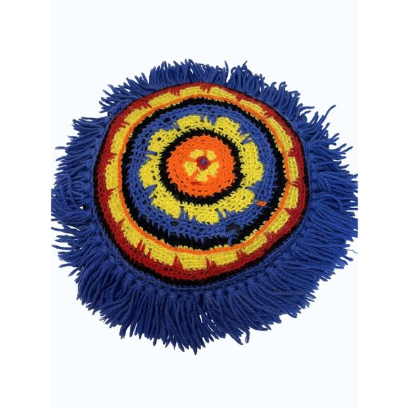 VTG Handcrafted Round Crochet Throw Pillow 12" With Fringe Granny Core READ - Picture 1 of 5